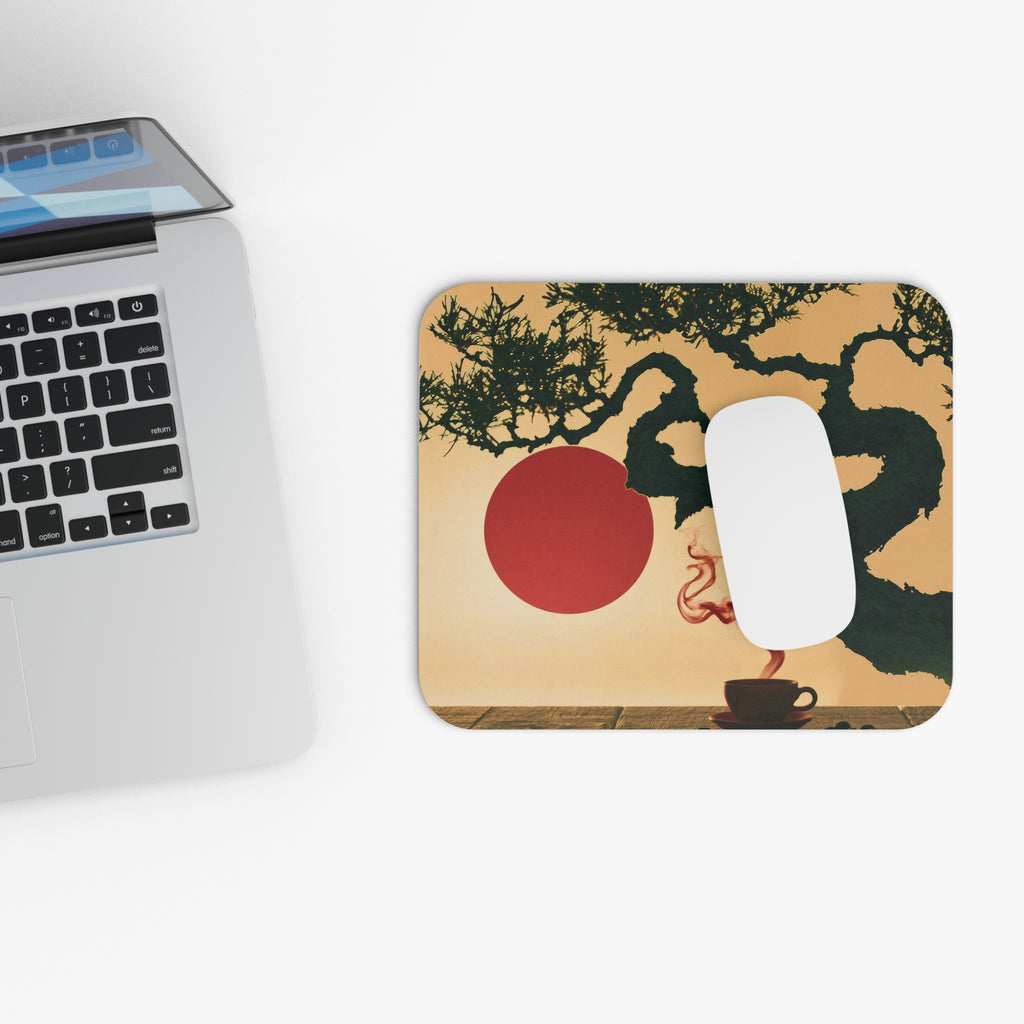 Zen Bonsai Mouse Pad — Japanese Sunset Desk Mat with Red Sun and Tea Cup