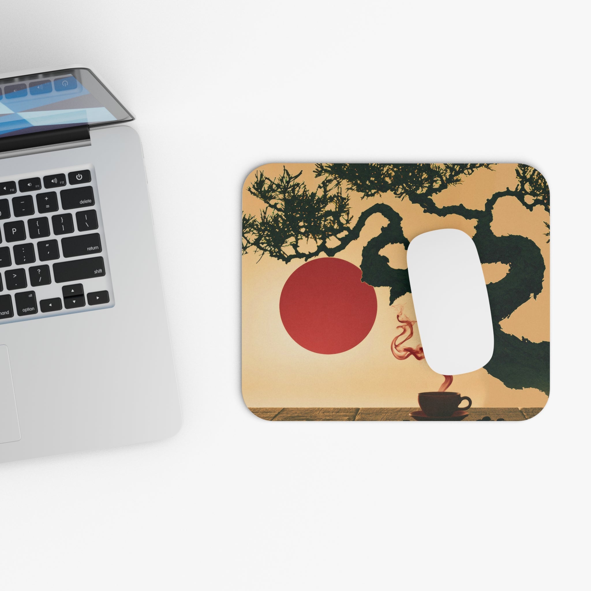 Zen Bonsai Mouse Pad — Japanese Sunset Desk Mat with Red Sun and Tea Cup