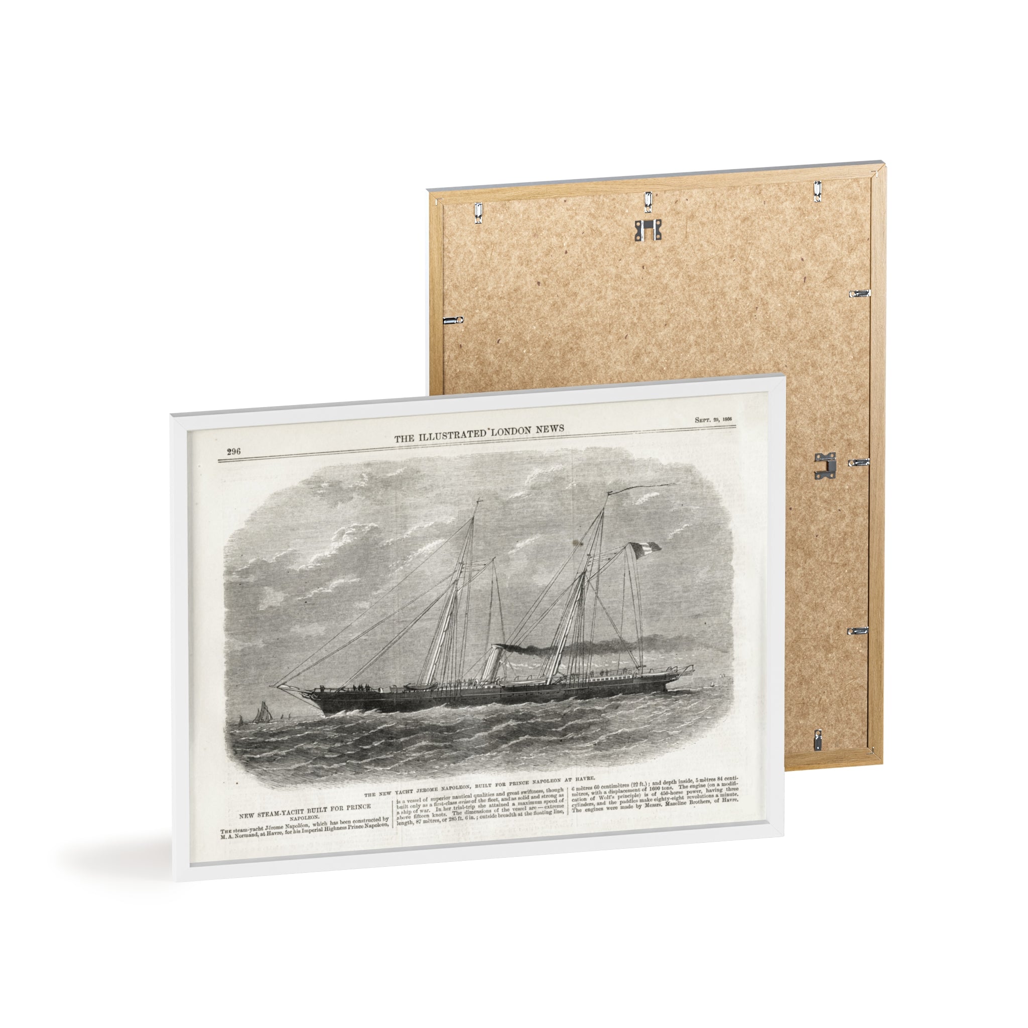 The New Yacht JEROME NAPOLEON, Built for Prince NAPOLEAN at Havre. Framed Vintage Ship Print Poster — Nautical Wall Art with Wooden Frame